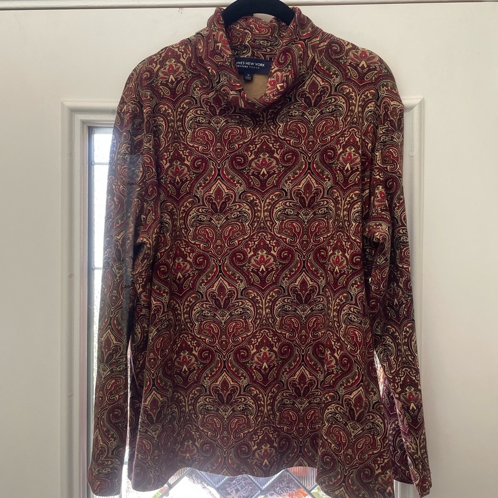 Jones New York Burgundy Red & Tan Soft Knit Turtleneck Sweater 1X